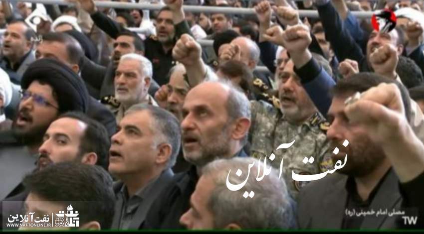 وزیر نفت در حال سر دادن شعار مرگ بر اسرائیل در نماز جمعه تهران
